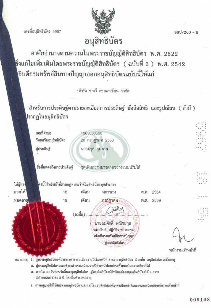 อนุสิทธิบัตร - PATENT  ชุดเพิ่มความยาวคานขวางแบบปรับได้